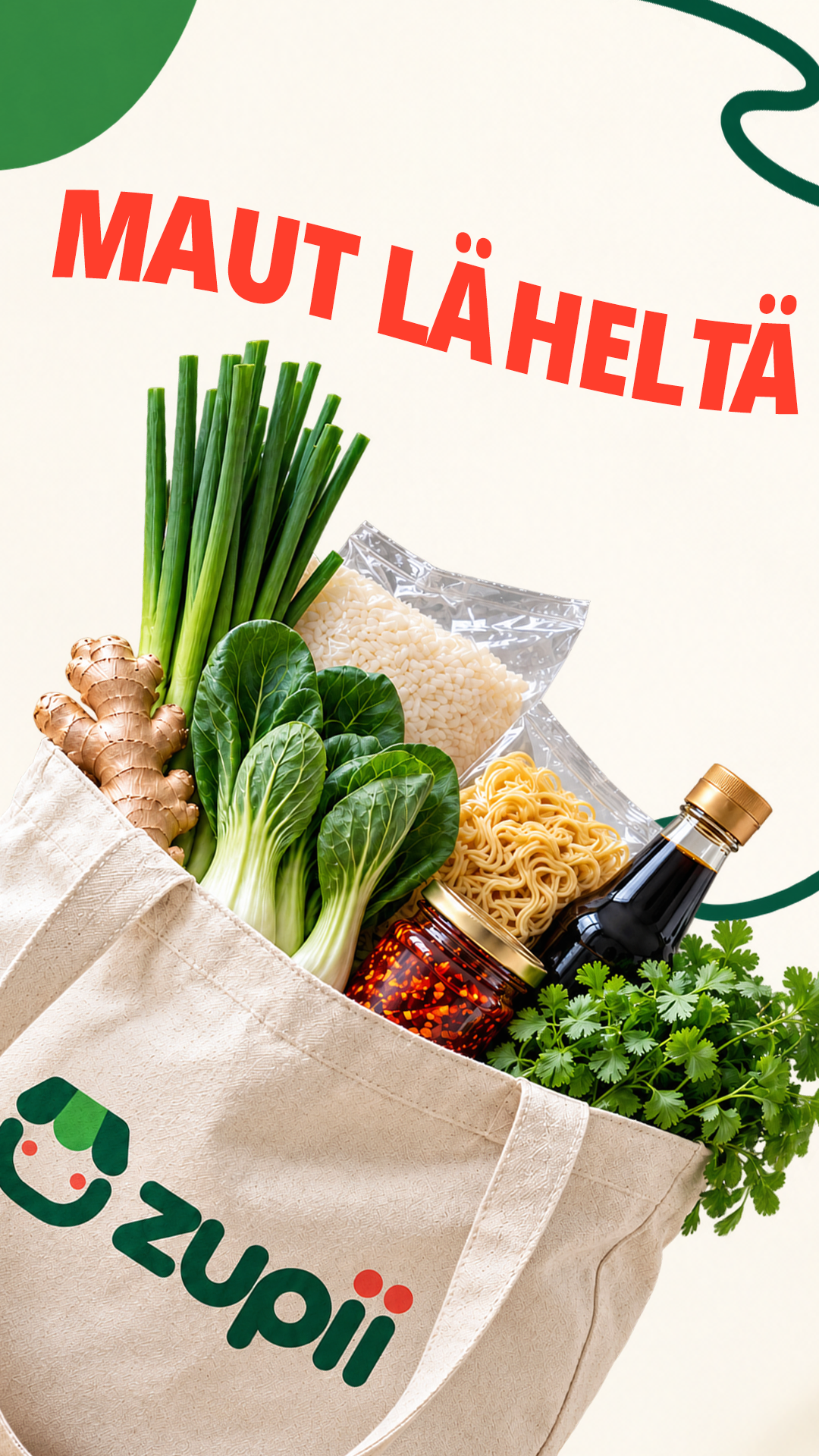 Zupii grocery bag with international ingredients